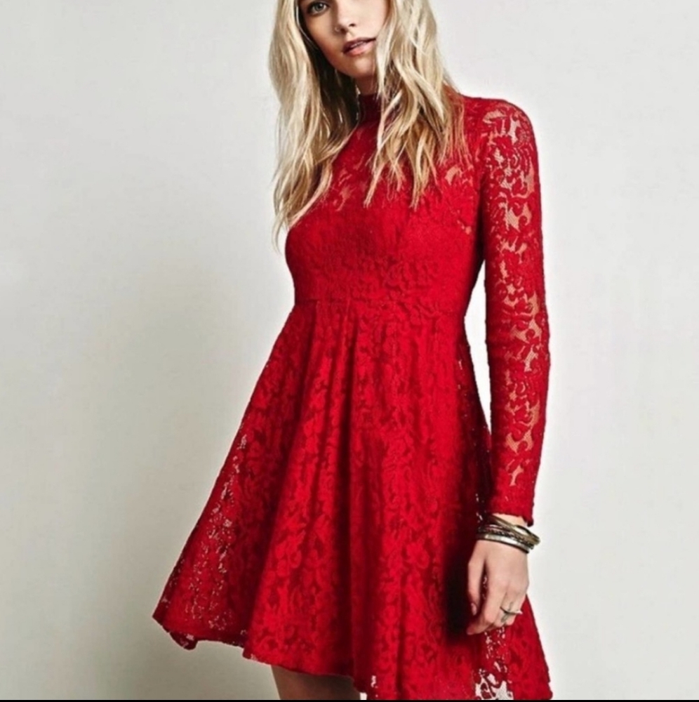Free People Hearts Delight Red Lace Long Sleeve Dress - Picture 1 of 9